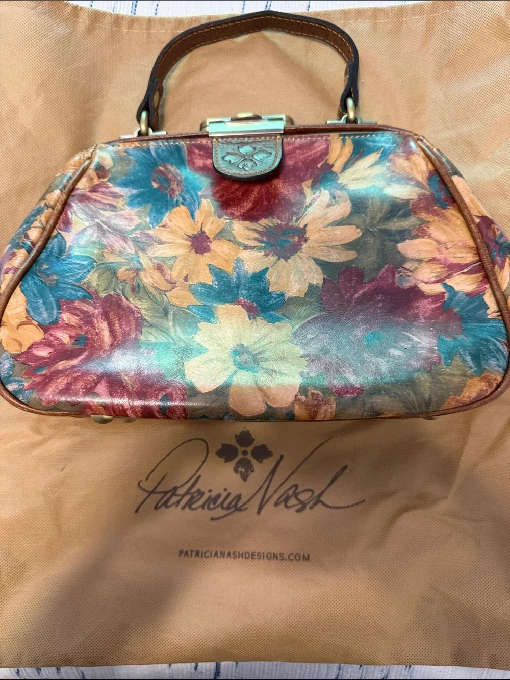 Patricia Nash Multicolor Floral Leather Frame Satchel with Top Handle